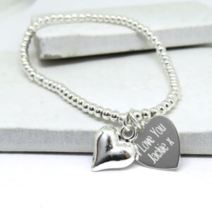 Personalised Silver Beaded Heart Bracelet