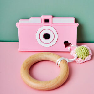Camera Teething Bracelet - Pink with crochet flower
