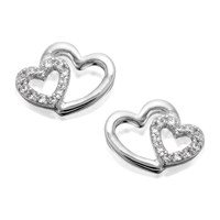 Silver Two Hearts Cubic Zirconia Stud Earrings - 12mm - F0453