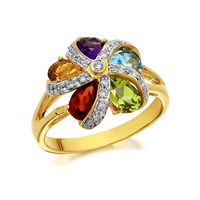 9ct Gold Diamond And Semi Precious Gemstone Flower Ring - 13pts - D8409-J